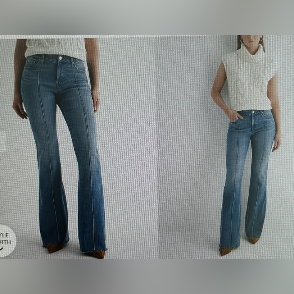 Express Mid Rise medium wash Pintuck raw hem FlexX ‘70s Flare Jean